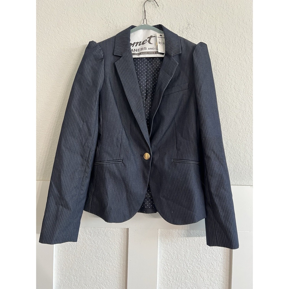 Express Navy Pinstripe Tailored Blazer Size 4 Blue Gold Button Professional New